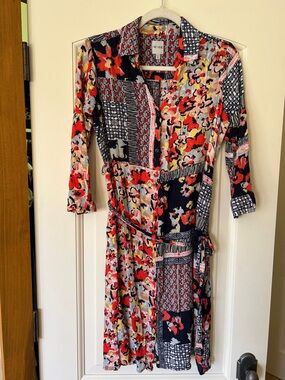NIC+ZOE Patchwork Floral Wrap Dress in Red, Navy & Cream